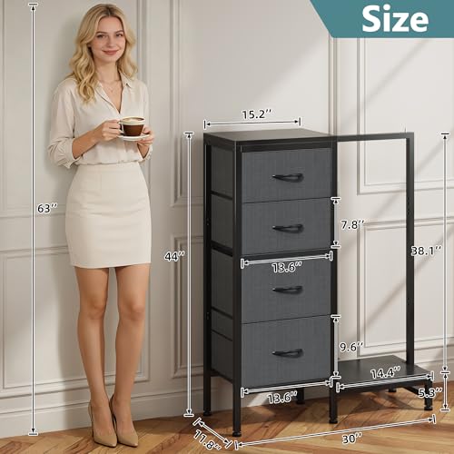 HIGDBFE Dresser with Hanging Rack, 4 Drawers Small Closet for Bedroom, Reversible Fabric Kids Chest of Drawers with Clothes Rack, Tall Storage Tower, Sturdy Frame, Grey, 44''H - color: Grey