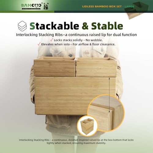 BAMOTTO CRAFTBAMBOO 3-Piece Large Bamboo Storage Box Set - 7.1in High Stackable Deep-Drawer Organizer, Lidless Bamboo Bin for Kitchen Cutlery Utensils Knives (14.6"x10.2"x7.1"*1 + 10.2"x7.3"x3"*2) - color: 3-Piece Bamboo Box Set - Large, size: 14.6"L x 10