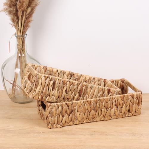 Moosky Wicker Storage Baskets with Handle Water Hyacinth Basket for Organizing Decorative Storage Bins for Countertop Toilet Tank Boho Rectangular Home Organizer (Natural, 14.5" x 5.5" x 4.1") - size: Small (14.5" x 5.5" x 4.1")