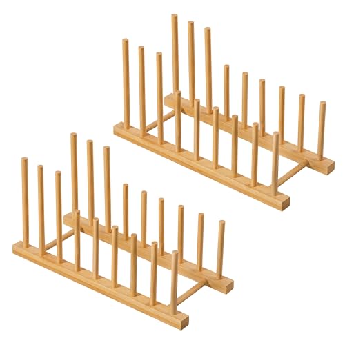 HBlife 2pcs Heighten and Widen Bamboo Dish Drying Rack Plate Bowl Cup Book Pot Lid Cutting Board Stand Drainer Storage Holder Organizer for Kitchen Cabinet - color: Rod 4inch High 6slots With 6inch High 2slots 2pcs
