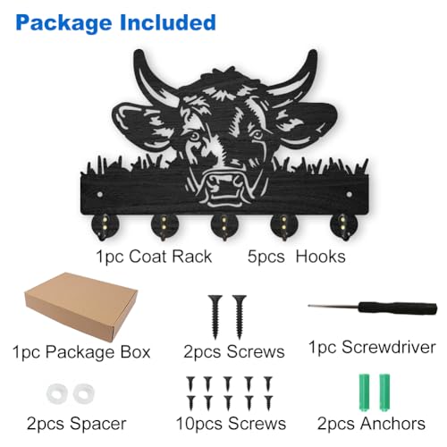 MAYJOYDIY Cow Coat Rack Wall Mount 11.8×7.9inch Wood Farm Animal Wall Art Decor Bull's Head Key Holder for Wall 5 Alloy Hooks Black Key Hanger Hat Towel Wall Hook for Entryway Living Room Bedroom Gift - color: Cow