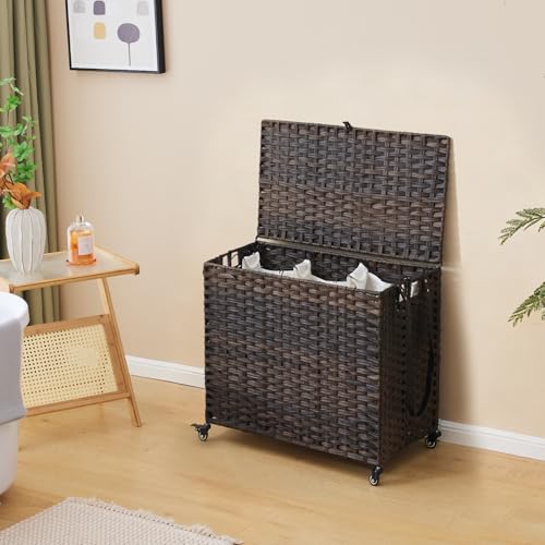 Laundry Hamper with Wheels, 34.3 Gallon(130L) Rolling Laundry Basket with Lid, 3-Section Rattan Clothes Hamper with 3 Removable Liner & 3 Mesh Bags, Laundry Sorter with Side Pocket, Brown - color: Brown, size: 130L（23.62 x 15.75 x 21.65 Inches）