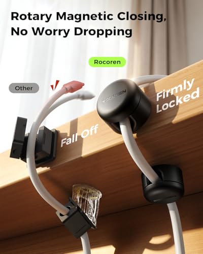 9-Pack Cable Clips [Upgraded],Rocoren Magnetic 360° Rotatable Cord Holder, Adhesive Cable Management Organizer,Wire Keeper for Nightstand Desk Car Phone Wall Home Office Accessories - color: Black