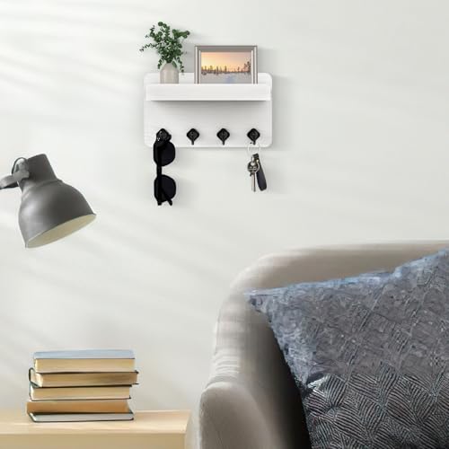 Nekon Key Holder Wall Mount, 8.5 Inch Small Home Decor Wooden Wall Organizer with 4 Hooks and Shelf, Key and Mail Holder for Living Room Entryway Kitchen(White) - color: White