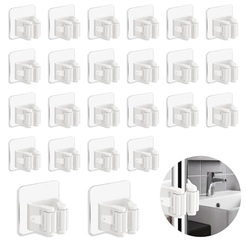 3-H 24-Pack Self Adhesive Broom Holder Wall Mount - Heavy Duty No Drill Broom Organizer for Garage Closet Kitchen, Plastic Storage Rack for Brooms Mops Tools, Peel and Stick Adhesive, White - color: Beige White, size: 24