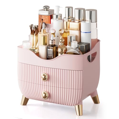Makeup Organizer Countertop, Large Capacity Skincare Cosmetic Organizer for Vanity with 2 Drawers, Cosmetic Display Cases Makeup Storage Box for Bedroom, Bathroom, Ideal Gifts for Women(Pink) - color: Pink