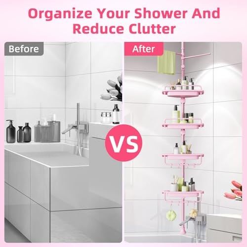 XLHOMO 32-122inch Corner Shower Caddy Tension Pole Pink, Rustproof Drill-Free Shower Shelves for Bathroom Bathtub Washbasin, Adjustable Shower Organizer with 4 Tier Patent Stable Shelves & Towel Bars - color: Pink