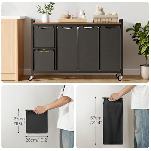 HOOBRO Laundry Sorter with 5 Sections, 45.5 Gal. (170 L) Laundry Hamper with Wheels and Shelf, Large Capacity, Laundry Basket with Removable Bags, 44.1"L x 11.8"W x 31.5"H, Rustic Brown, BF26XY01