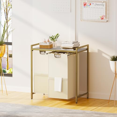 Huhote Laundry Hamper, double Laundry Basket, Laundry Sorter with Top Shelf & 2 Removable Washable Bags & Side Pockets for Laundry Room organization, Bathroom and Dorm, Gold and White - color: 2 bags-Gold