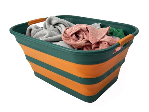 SAMMART Collapsible Plastic Laundry Basket with Handle/Foldable Pop Up Storage Hamper/Portable Laundry Organizer-Space Saving Washing Tub/Household Storage (Teal Green/Autumn leaf, 27L) - color: Teal Green/Autumn leaf, size: 27L