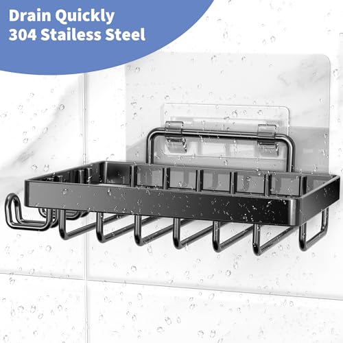Moforoco Black Soap Dish, Soap Bar Holder for Shower, No Drilling Bathroom Accessories, Wall Mounted Soap Holder with Hooks, Shower Rack Tray Bar for Suitable for Bathroom, Kitchen Sink - color: Black, size: 1-T