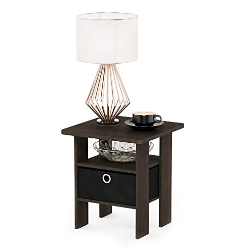 Furinno ANDREY Side Table, End Table, Night Stand with Open Shelves and Storage Bin, Bedside Table, for Living Room, Bedroom, Dark Brown - color: Dark Brown/Black, size: 1-Pack, Center Bin