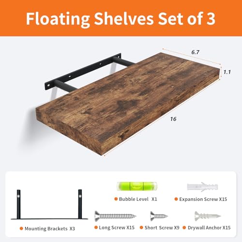 Upassion Floating Shelves for Wall Set of 3, 16" Rustic Brown Floating Shelves, Home Decor, Frame Display Wall Shelf for Bedroom, Kitchen, Bathroom, Living Room - color: Rustic Brown, size: 16 Inch