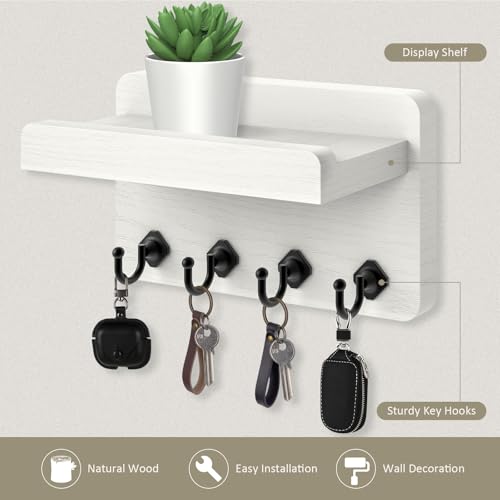 Nekon Key Holder Wall Mount, 8.5 Inch Small Home Decor Wooden Wall Organizer with 4 Hooks and Shelf, Key and Mail Holder for Living Room Entryway Kitchen(White) - color: White