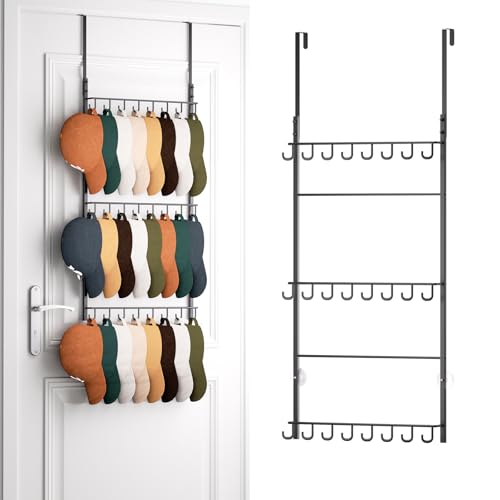 HapiRm Over Door Hat Rack - 3 Tier Wall Mounted Hat Organizer with 24 Hooks, Baseball Cap Organizer Storage Holds up to 24 Caps for Door, Bedroom, Closet - color: Hooks Black, size: 3 Tier