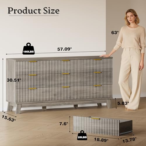 BORNOON Fluted 9 Drawer Dresser, 57.1" Wide Modern Boho Chest of Drawers, Wooden Storage Dresser TV Stand for Bedroom, Living Room, Closet, Hallway, Curved Profile Design - color: Rustic Drift, size: 9 Drawers
