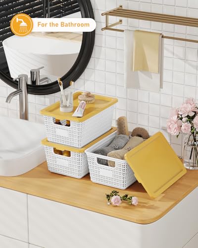 EOENVIVS Storage Bins Bakets with Lids 6 Pack, Stackable Organizer Bins for Small Spaces, Pantry, Closet & Bathroom, Secure Snap Lids, 11x7x5 Plastic Storage Containers for Shelf Organization, White - color: White+Yellow
