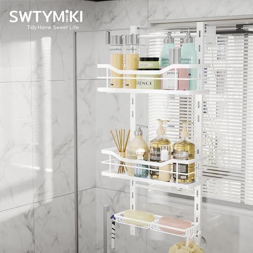 SWTYMIKI Over the Door Shower Caddy - 3 Tier Adjustable Shower Organizer Hanging with Soap Holder, No Drilling Stainless Steel Bathroom Hanging Caddy for Body Wash, Shampoo, Soap, Razor, White - color: White-3 Tier