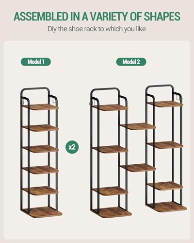 Hzuaneri 6 Tiers Vertical Shoe Rack, Narrow Shoe Tower, Tall Shoes Shelf with 2 Hooks, Adjustable Shelves, Corner Shoes Shelves for Small Spaces, Entryway, Living Room, Rustic Brown SR04201B - color: Rustic Brown and Black, size: 6 Tier(11.8"D x 10.4"W x