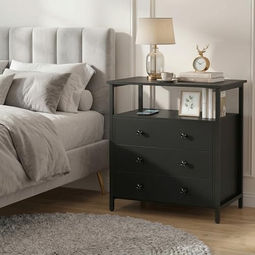 Edbuosy 3 Wooden Drawers Night Stand, 27 Inch Wide Nightstand with Charging Station and Adjustable Drawers, Small Dresser for Closet, Bedside Table for Living Room/Bedroom/Office - color: Black, size: 3 Drawers