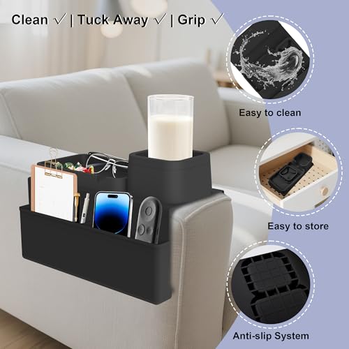KindGa Couch Cup Holder Tray,Silicone Couch Arm Cup Holder,Couch Arm Organizer for Sofa Drinks/Phone/Remote/Snacks,Couch Armrest Recliner Armchair Caddy - Black - color: Black