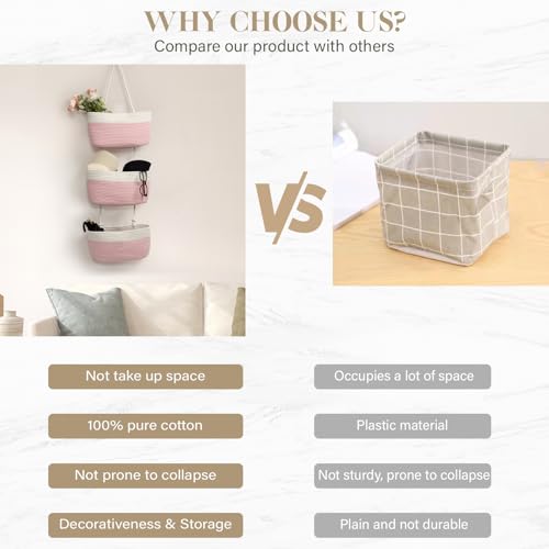 TeoKJ Over the Door Hanging Basket, 3-Tier Woven Cotton Wall-Mounted Storage Organizer Bag Decorative Hanging Nursery Baskets, Pink & White - color: Pink & White