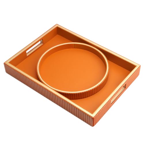 SANZIE Leather Tray Desktop Storage Organizer Premium Serving Tray Decorative Trays Valet Trays for Sundries Cosmetics Phone Wallet Cutlery (Orange Holder with Disc) - color: Orange Holder With Disc