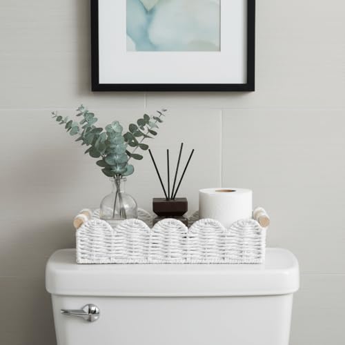 CubesLand Toilet Paper Storage Basket Organizer, Small Wicker Toilet Tank Top Decorative Baskets for Countertop, Handwoven Scalloped Basket w/handle for Home Decor, Living Room, Bedroom, White - color: White, size: S - 12.99"L x 6.3"W x 3.15"H