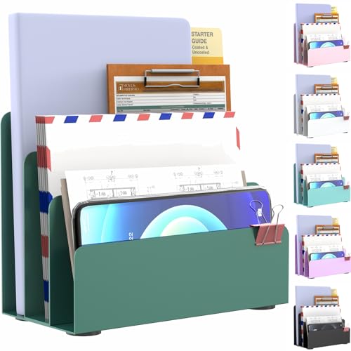 Mail Organizer Countertop, Small Desk File Organizer, Metal File Holder - Essential Workspace Organizers for Office Desk, Home Office (Green) - color: Green