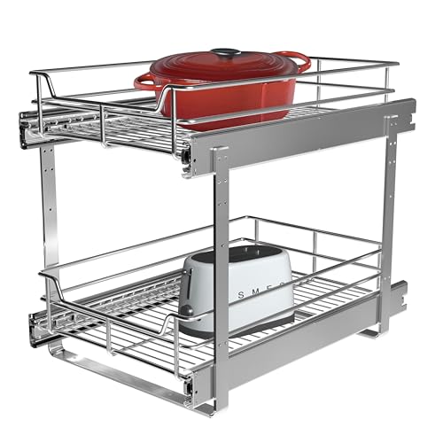 JOWBOOW 2 Tier Pull Out Cabinet Organizer (11" W x 22" D), Roll Out Shelves and Drawer for Kitchen Pantry Storage Basket, Heavy-Duty Metal Sliding Shelf - size: 11 x 22 Inch