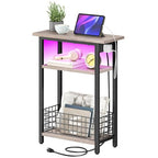 HOOBRO Narrow Side Table with Charging Station and LED Light, Small End Table with Storage, Skinny Nightstand with USB Port, Slim Bedside Table for Small Spaces, Living Room, Greige BG242UDBZ01 - color: Greige + Black