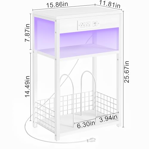 LELELINKY White Night Stand with Charging Station, Record Player Stand with USB Port and Type-C Port, 3 Tier Side Table with Vinyl Storage Shelf, End Tables for Bedroom Small Spaces - color: White, style: Upgraded (With Charger Station & LED Light)