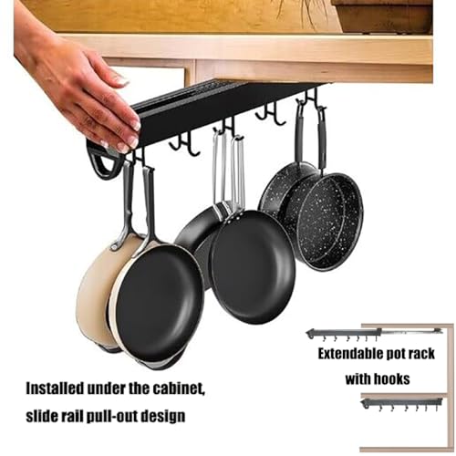 Hanging Pot Rack with 8 Hook for Cabinet 18inch Pull Out Pot and Pan organizer Adjustable Pot Racks with Sliding Rail Storage Utility Rack Used for Kitchen/Closet/Cupboard,Load 75LBS - size: 18.1 in
