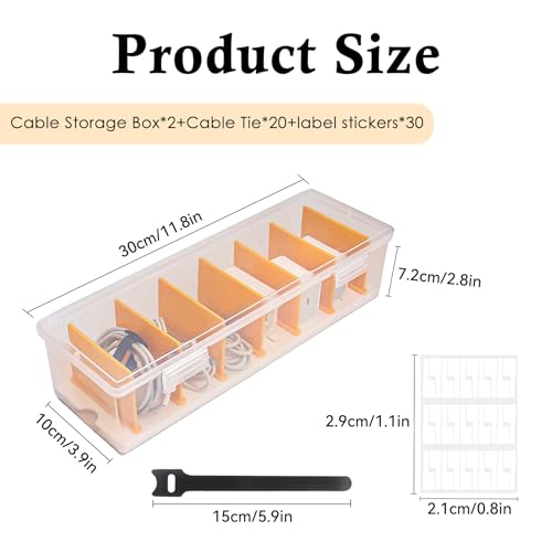 Klmnop 2 Pack Cable Organizer Box with 20 Wire Ties 30 Cable Labels, Clear Plastic Cord Storage Box with Lid, Phone Charger Organizer for Home Office Desk Drawer(Clear)