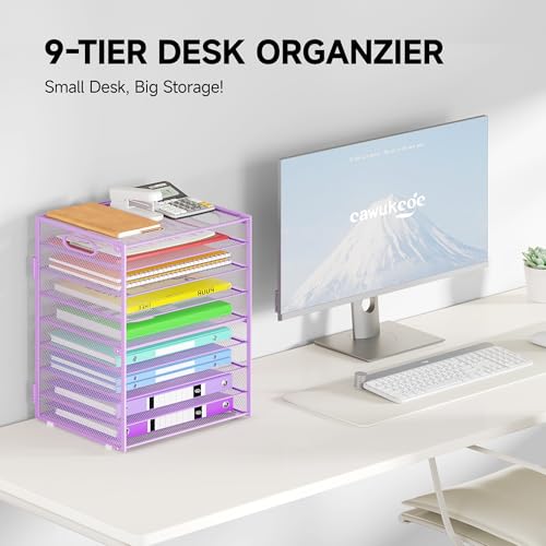 Cawukege 9 Tier Paper Organizer with Handle, Purple Large Capacity Desk Organizer Mesh File Folder Letter Paper Tray Desktop Document Sorter for Classroom, School, and Office Accessories Organization - color: 1 Pack - Purple