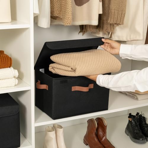 GRANNY SAYS Storage Bins with Lids, Decorative Storage Boxes with PU Handles, Black Storage Bin, Linen Closet Organizer, Shelf Baskets, Fabric Storage Bins for Clothes - color: Black, size: Large-2 Pack