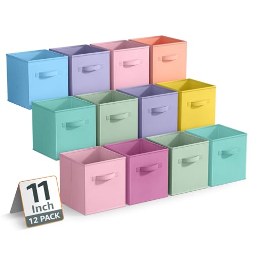 Sorbus 11 Inch Storage Bins - Sturdy Collapsible Fabric Storage Cubes with Handle - 12 Foldable Baskets for Organizing Clothes, Toys, Books - Storage Baskets for Shelves, Closets - color: 12 Pack Pastel Multi-Color 3, size: 11 Inch