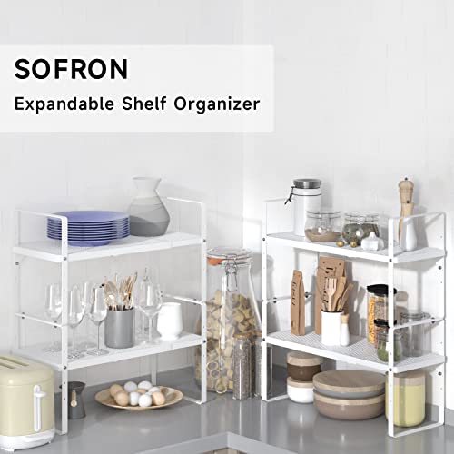 Expandable Cabinet Storage Shelf Stackable Organizer Rack for Kitchen Bathroom Pantry Spice Cupboard Coffee Countertop Home Office Desk Heavy Duty Nonslip White Small 3 Packs - color: White 3 Packs, size: Small - 8.1"W x (16.5"-27.1")L x 9.8"H
