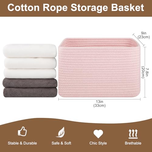 OIASKET Storage Baskets for Organizing, Woven Decorative Baskets for Shelves - Books, Towels, and Clothes, Cotton Rope Toy Storage Bins, 12.7''Lx9''Wx7.8''H, Pack of 4, Pink - color: Pink