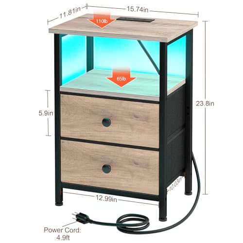 LOAKEKEL Night Stand with Charging Station and LED, Bedside Table with USB Ports & Outlets, 2-Tier Fabric Storage Drawers with PU Trim, Compact End Table for Bedroom, Grey, HETS02GY-1 - color: Grey, style: Two-drawer