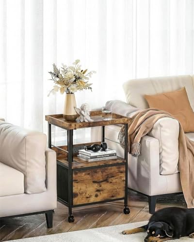 Faesun Swivel Lift Top Nightstand with Charging Station, Vacuum Forming Rolling Side Table for Recliner, Bedside Table with Wheels & a Fabric Drawer, for Small Spaces, for Bedroom, Living Room, Brown - color: Brown, size: 1 Drawer (Vac-Form)