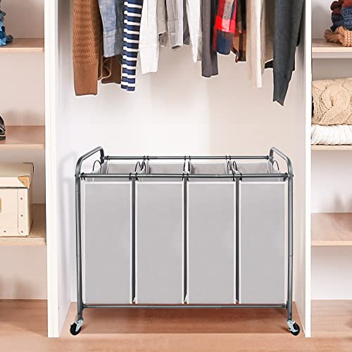 STO STO Laundry Sorter 4 Section, 4 Bag Clothes Hamper, Rolling Laundry Cart Basket with Heavy Duty Lockable Wheels and Removable Bag for Laundry Room, Bedroom, Closet, Gray - color: Gray, size: 4-Section