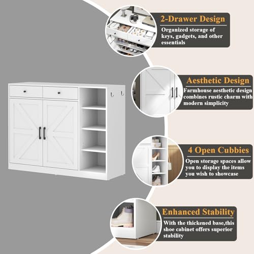 Loomie 5-Tier Shoe Cabinet with 4 Side Cubbies, Farmhouse Shoe Rack Cabinet with 6 Adjustable Shelves & 2 Drawers, Freestanding Shoe Storage Cabinet with 4 Brackets & 2 Hooks for Entryway (White) - color: White