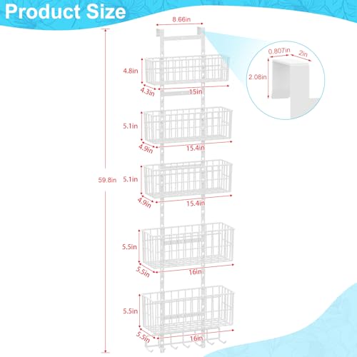 Hongtamoya Over The Door Organizer, Hanging Door Organizer with 5 Metal Baskets, Behind The Door Storage for Pantry Closet Bedroom Bathroom Cabinet Kitchen, White - color: White(new Version)
