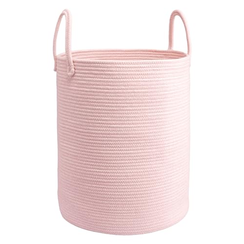 Woven Cotton Rope Laundry basket-15”X20” Laundry Hamper-Rope Storage Basket for Dirty Clothes, Toys and Blankets Perfect for Bathroom, Baby nursery and Living Room Storage (pink) - color: pink, size: regular