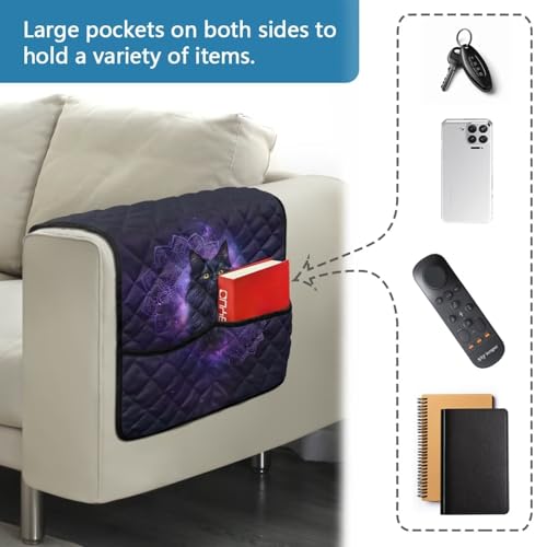 Boho Mandala Cat Galaxy Print Armrest Covers for Sofa Water Resistant Armrest Protectors with 2 Pocket Storage Non-Slip Sofa Armset Organizer for Magazine, Tablet, Phone - color: Boho Mandala Cat Galaxy