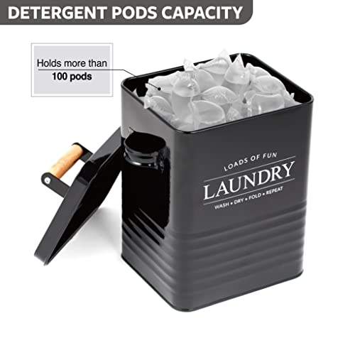 Calindiana Modern Farmhouse Metal Laundry Soap Dispenser Container Holder with Scoop for Laundry Room Decor and Space Saving Laundry Room Organization and Storage, Laundry Powder Container, Black - color: BLACK