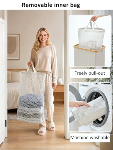 iEGrow 110L Laundry Basket with Lid, Laundry Hamper with Bamboo Handle,Clothes Basket Organizer with Removable Inner Bag for Clothes Towels,Light Grey - color: Light Grey, size: 110L