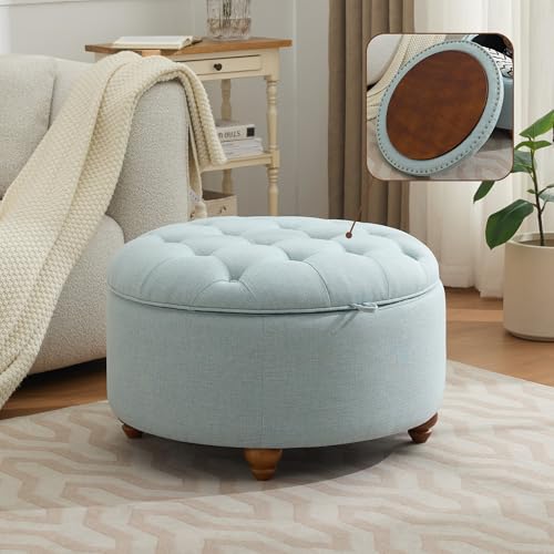 WUTUTUEE 30Inch Round Storage Ottoman with Tray, Modern Tufted Fabric Circle Coffee Table with Storage, Upholstered Ottoman with Removable Top for Living Room, Bedroom, Light Blue - color: Blue, size: 30 Inch