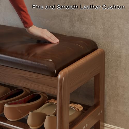 AQIMUELE Shoe Rack Bench,2 Tiers Shoe Bench with Storage with Flip-Top,Wood Shoe Rack for Entryway,Hallway（Dark Walnut Upholstered Seat,11.8" D x 23.62" W x 15.7" H） - color: Dark Walnut Upholstered Seat, size: 11.8"D x 23.62"W x 15.7"H